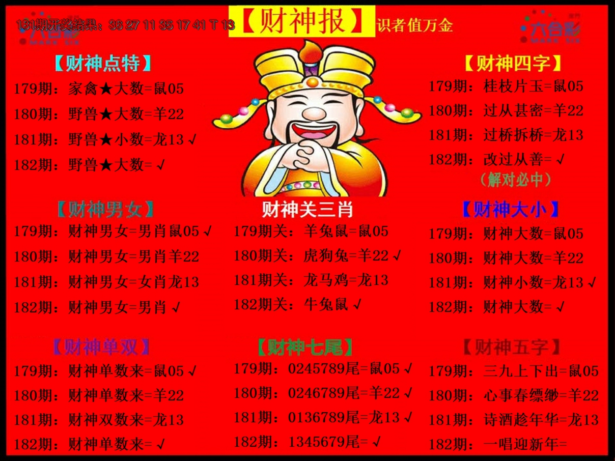 新澳彩182期:财神报