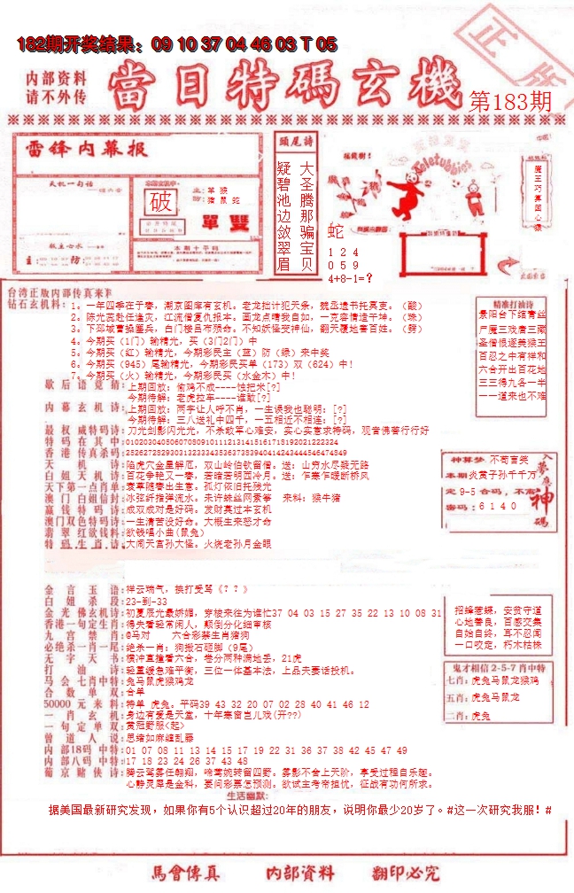 新澳彩183期:当日特码玄机-1