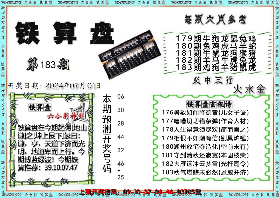 新澳彩183期:铁算盘