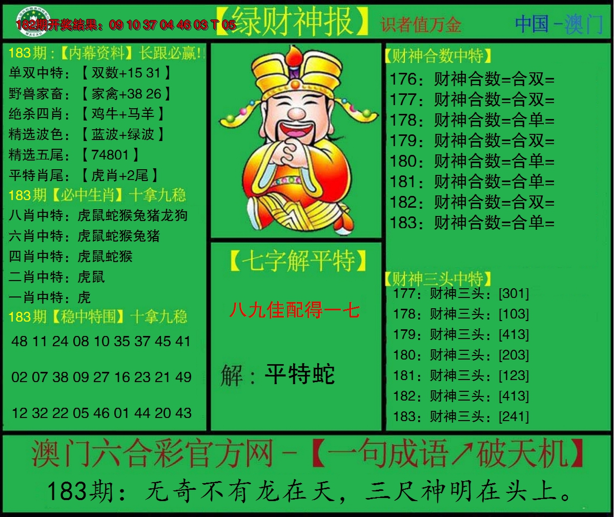 新澳彩183期:绿财神