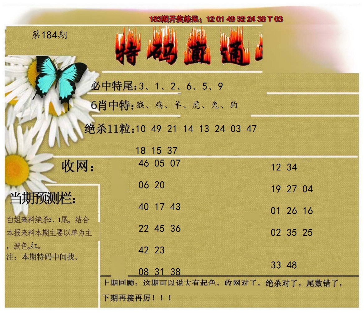 新澳彩184期:特码直通车