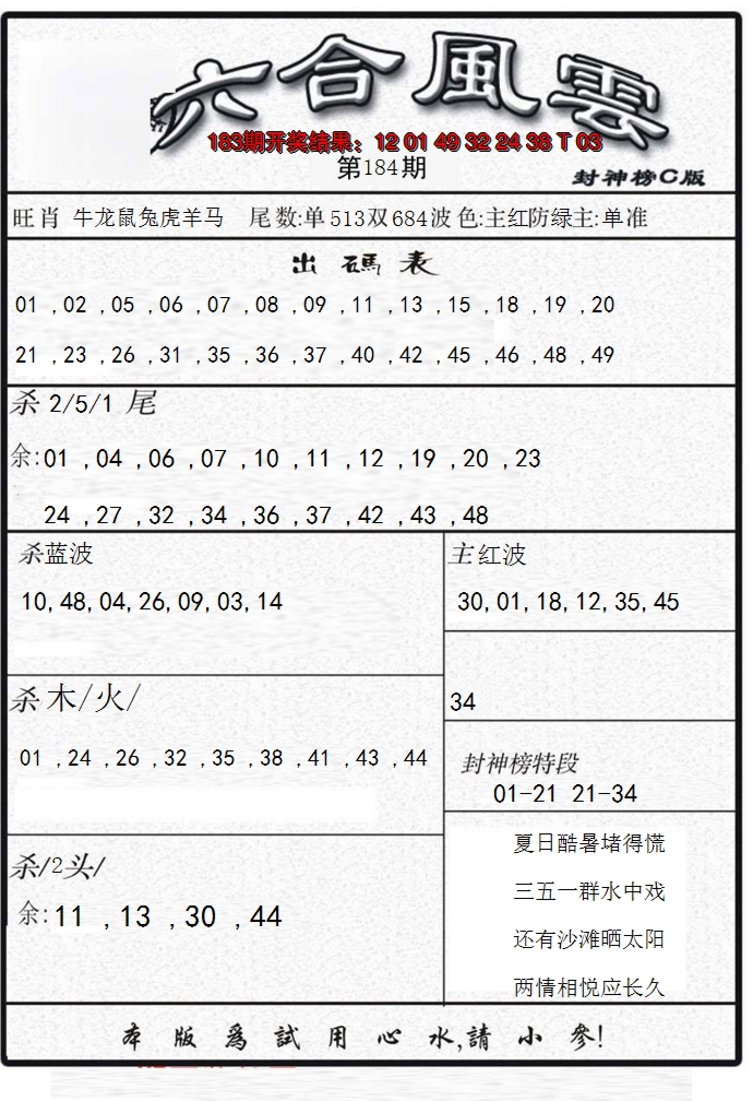 新澳彩184期:六合风云B