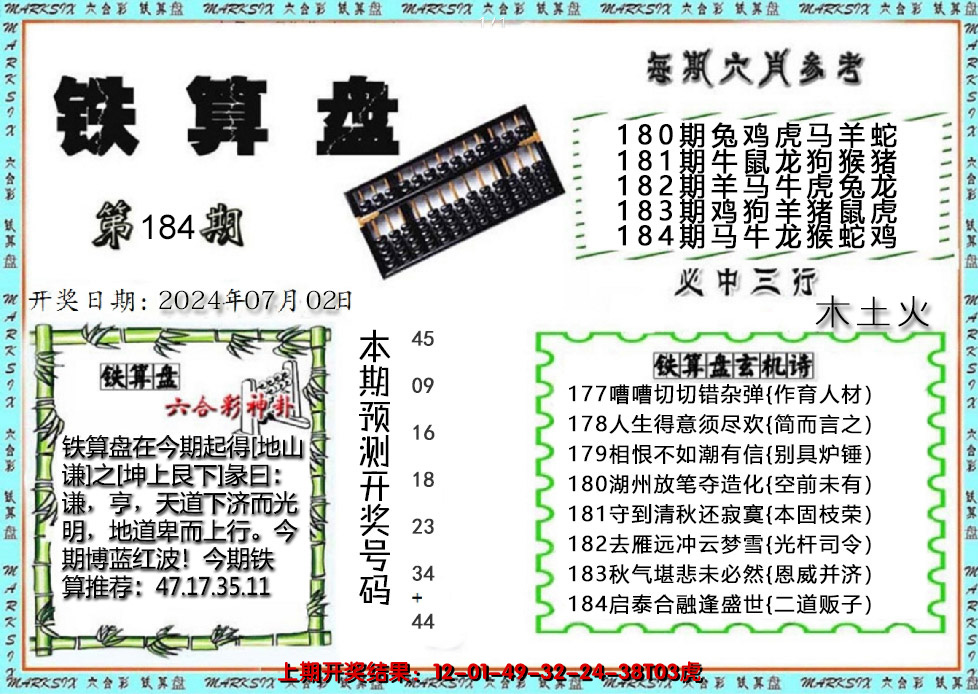 新澳彩184期:铁算盘