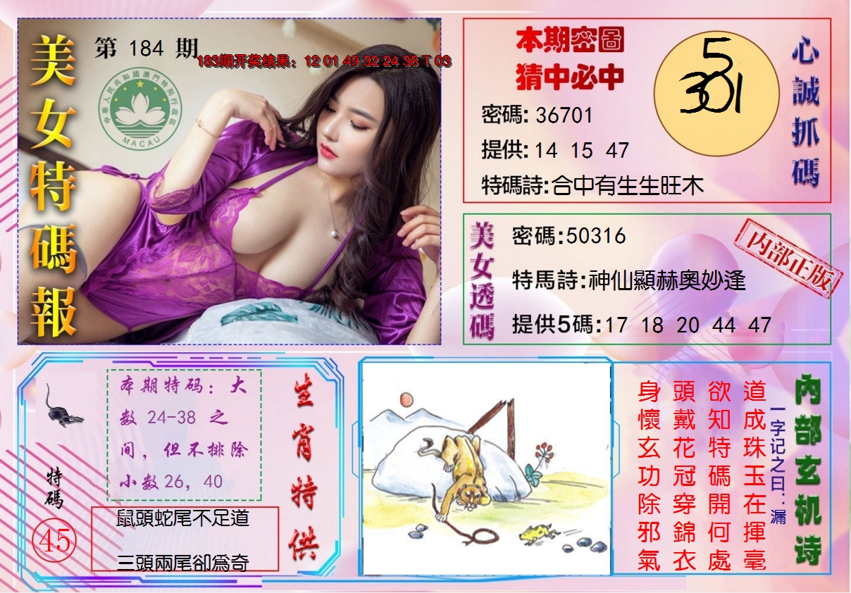 新澳彩184期:美女特码报