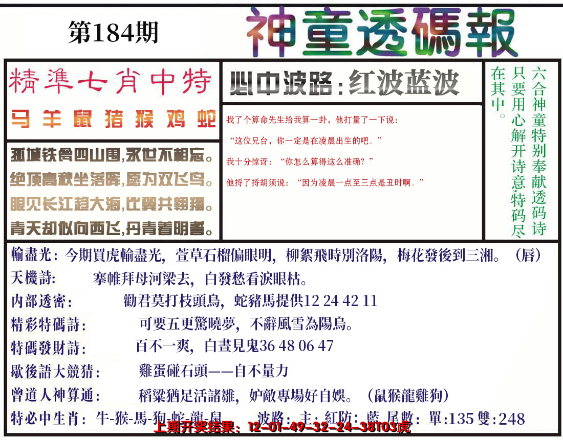 新澳彩184期:神童透码报