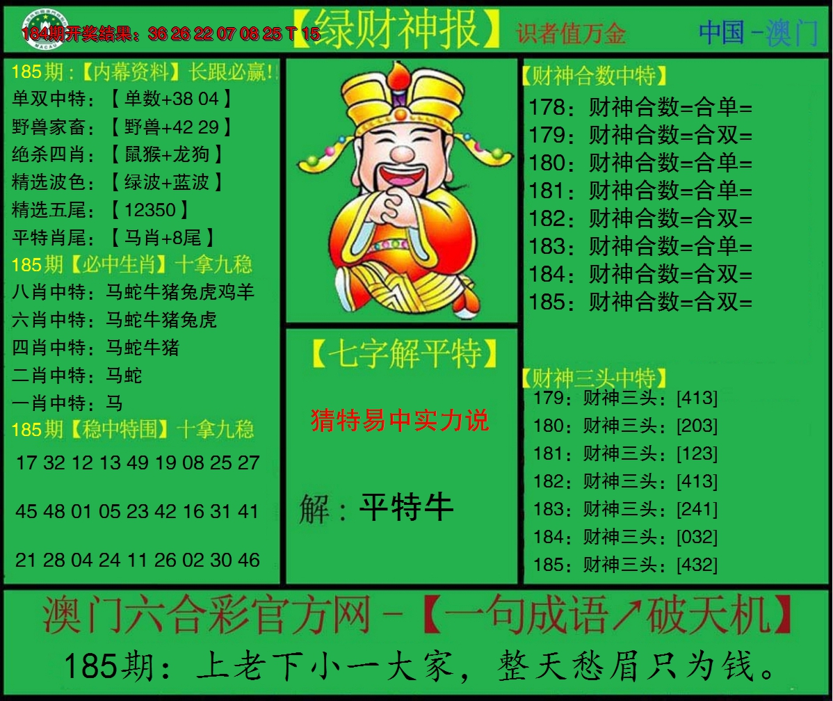 新澳彩185期:绿财神