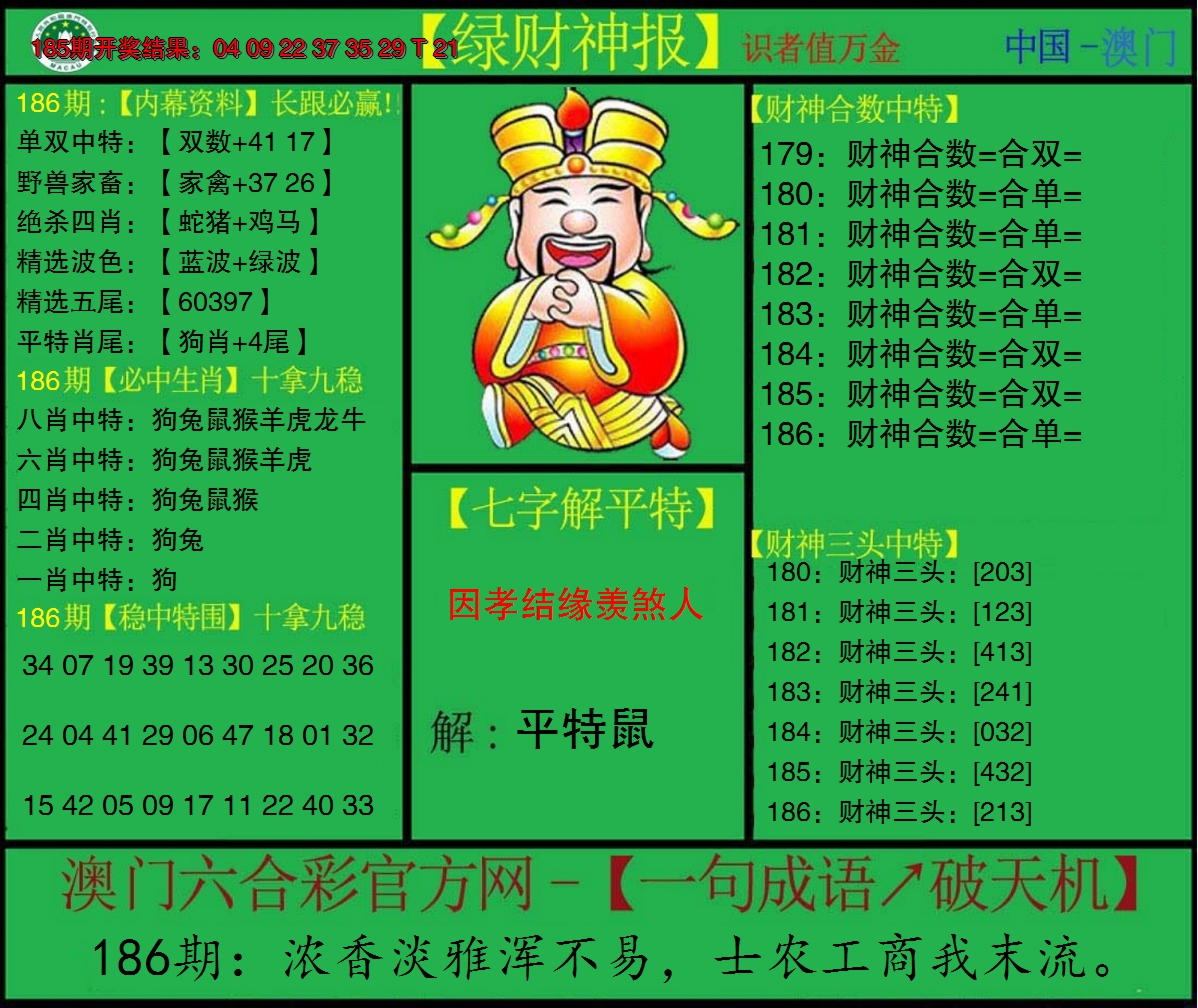 新澳彩186期:绿财神