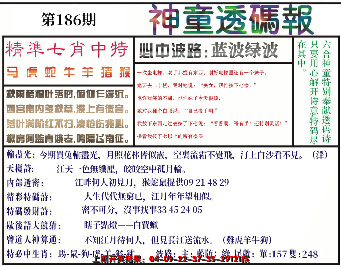 新澳彩186期:神童透码报