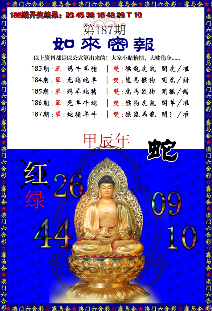 新澳彩187期:如来秘报