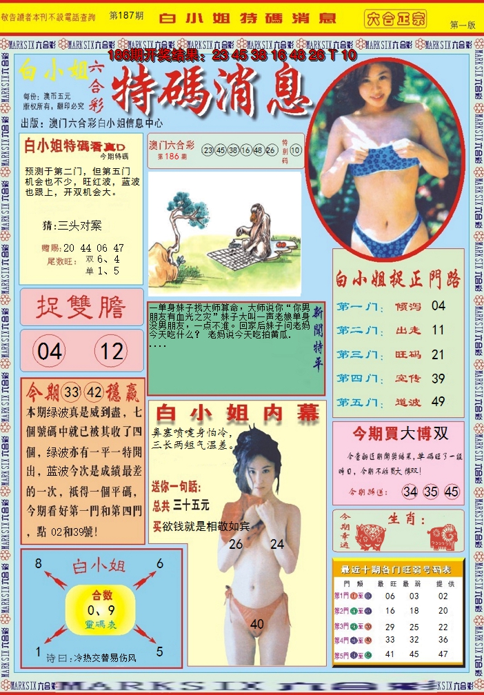 新澳彩187期:白小姐特码消息A