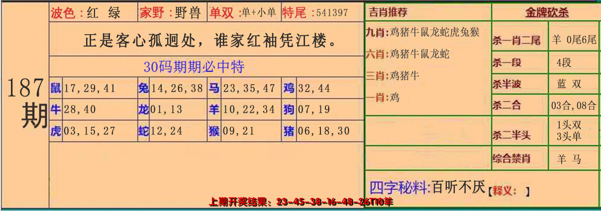 新澳彩187期:30码中特