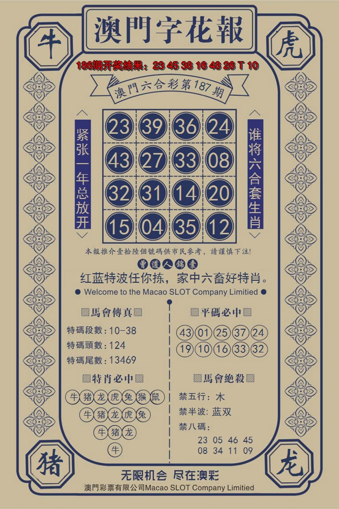 新澳彩187期:澳门字花报