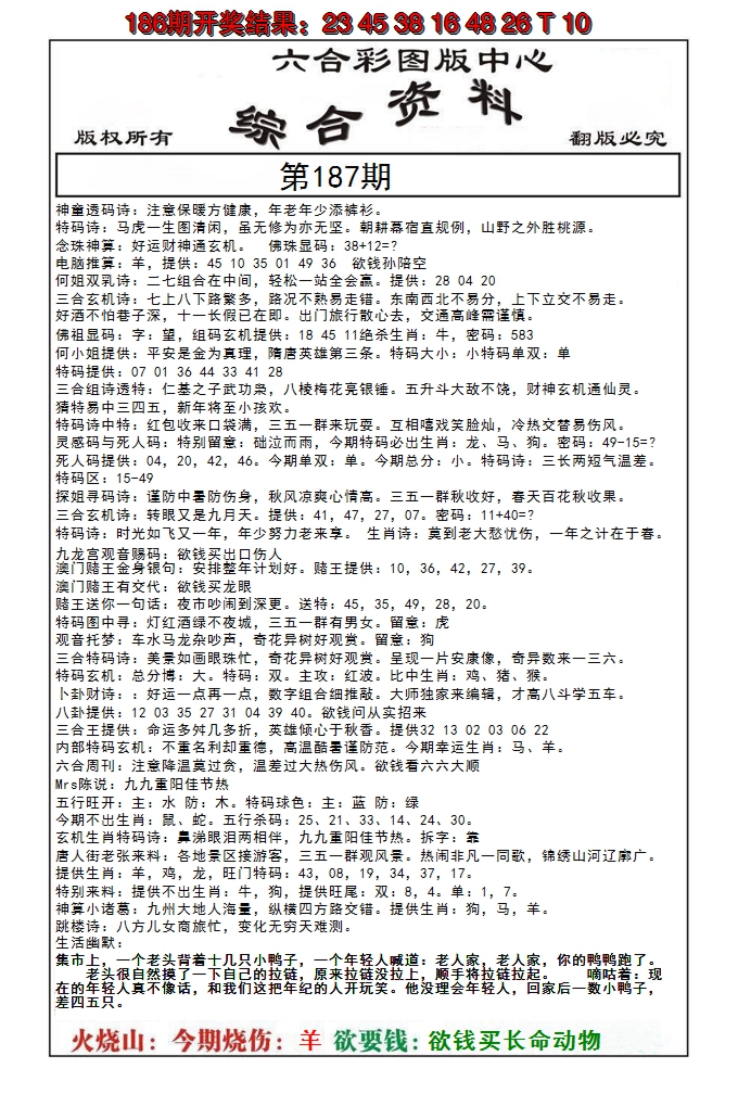 新澳彩187期:内部综合资料