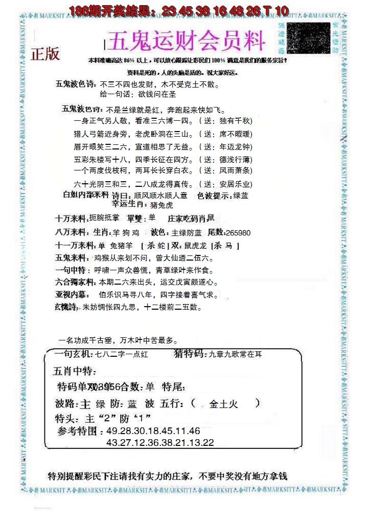 新澳彩187期:五鬼运财会员料