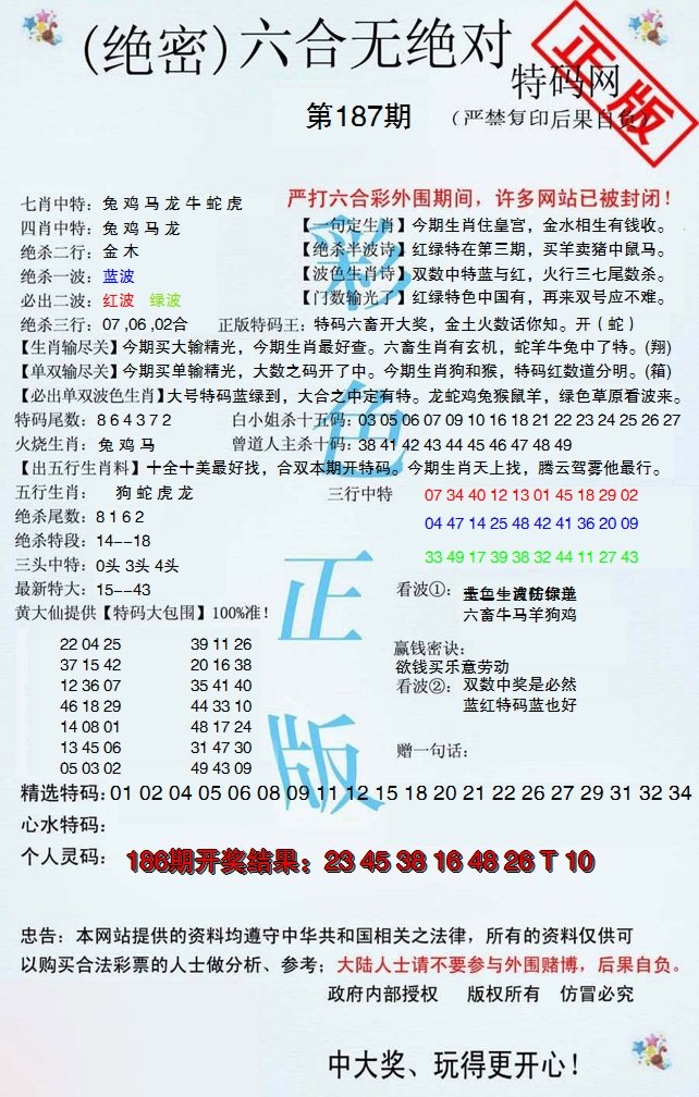 新澳彩187期:六合无绝对