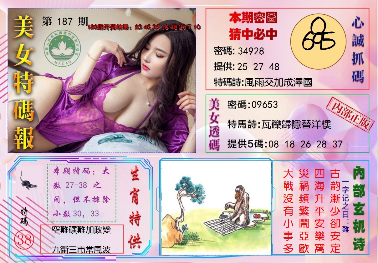 新澳彩187期:美女特码报