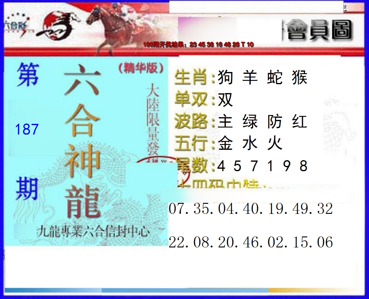 新澳彩187期:六合神龙