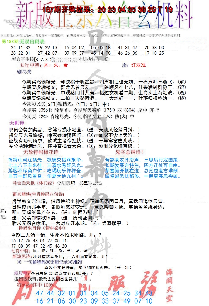 新澳彩188期:正宗六合玄机料