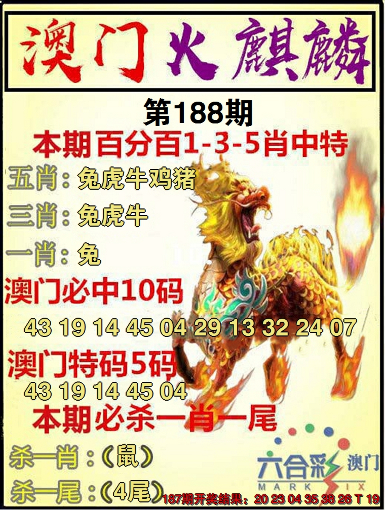 新澳彩188期:火麒麟