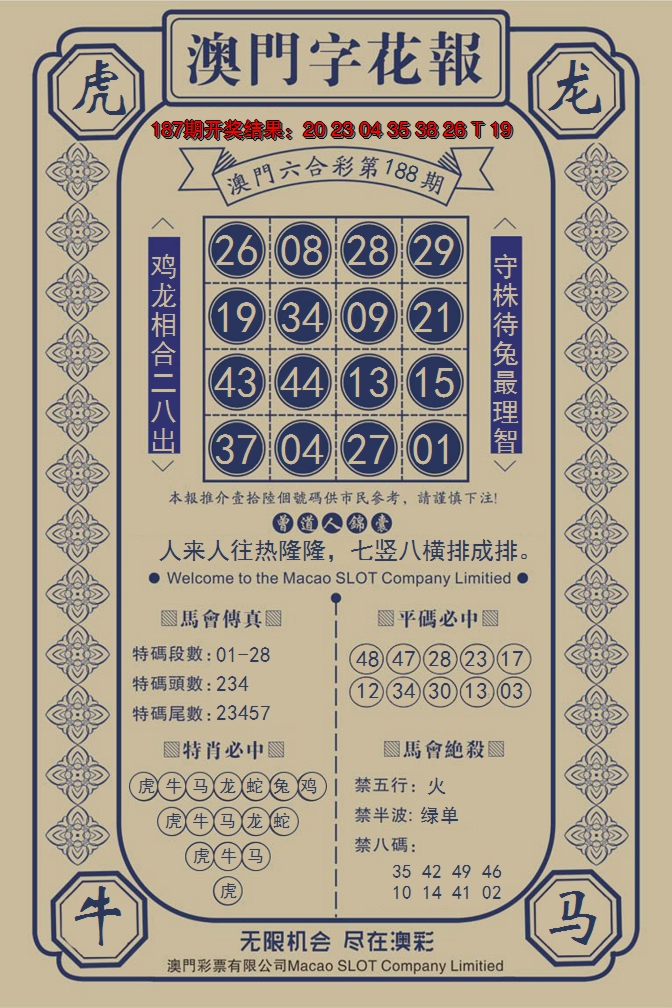 新澳彩188期:澳门字花报