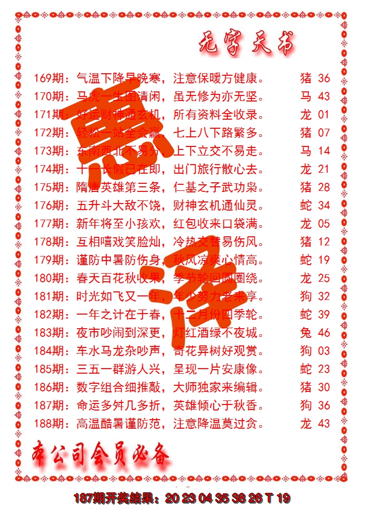 新澳彩188期:无字天书