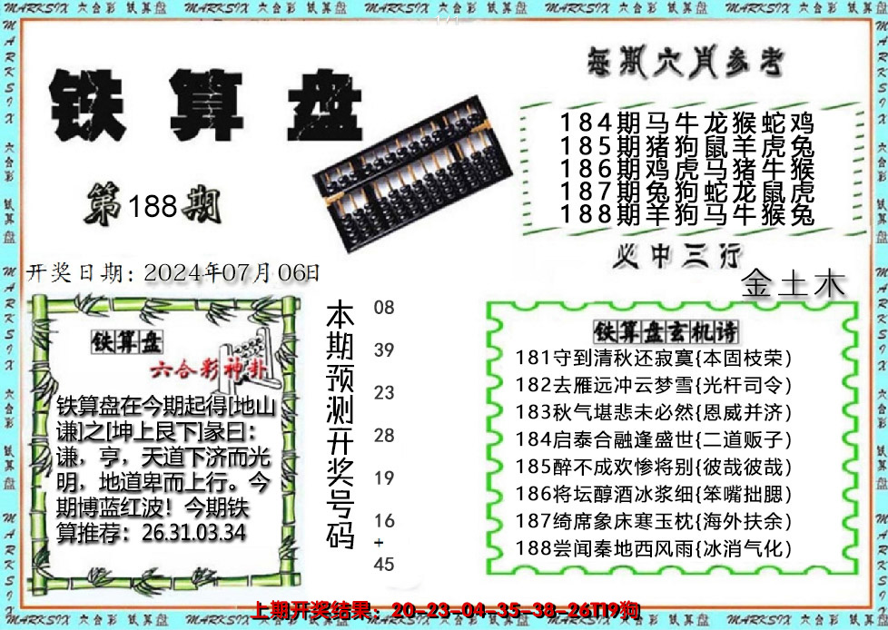 新澳彩188期:铁算盘