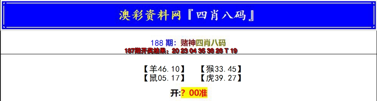 新澳彩188期:赌神四肖八码