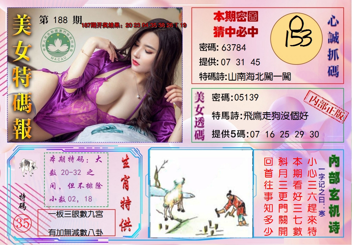 新澳彩188期:美女特码报