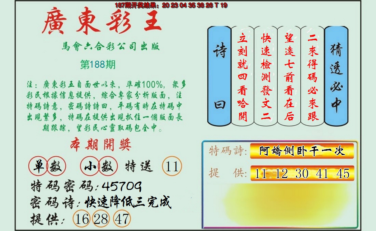 新澳彩188期:广东彩王