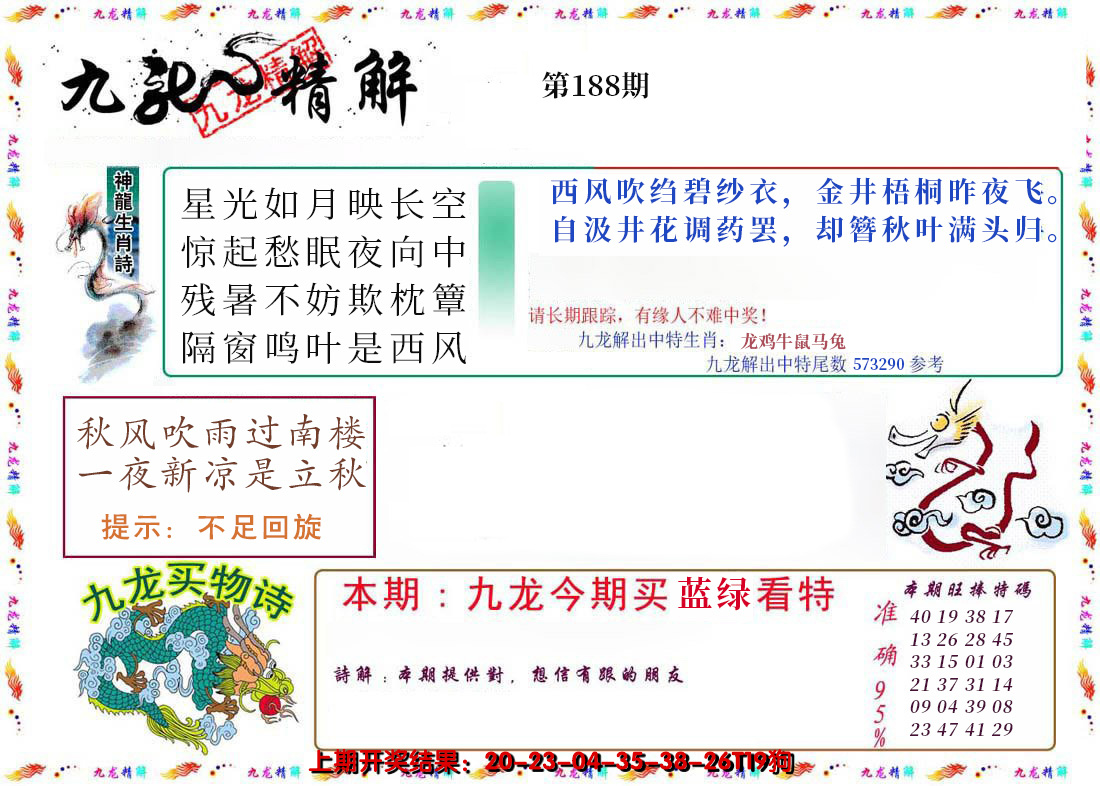 新澳彩188期:九龙精解