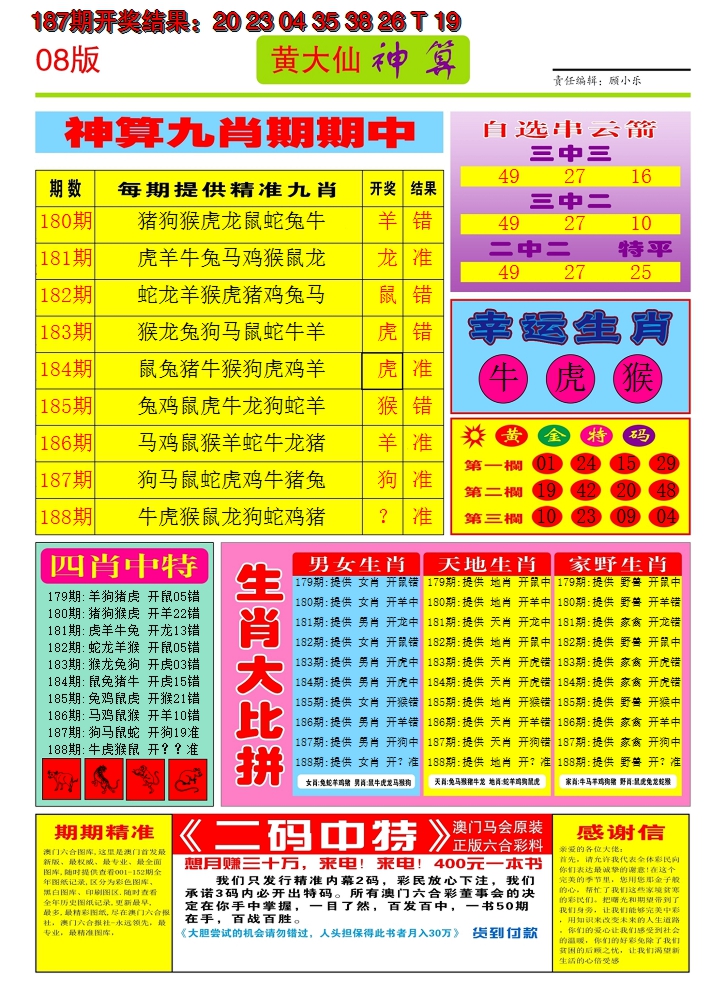 新澳彩188期:黄大仙神算B