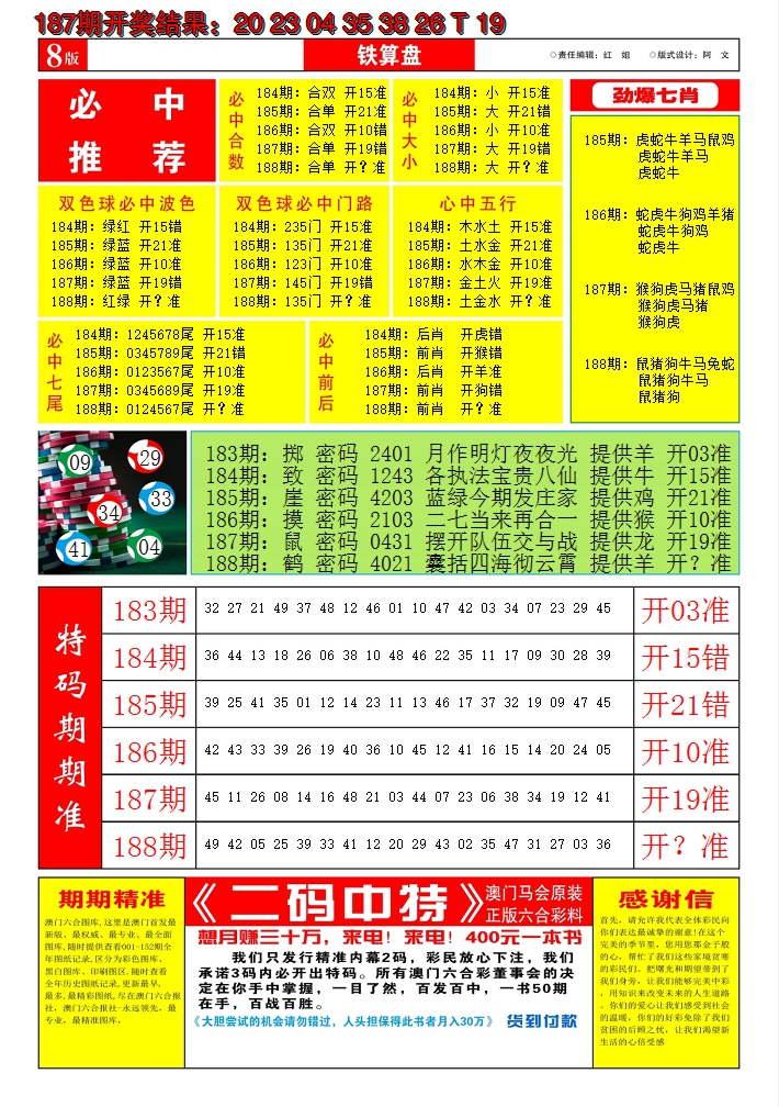 新澳彩188期:澳门铁算盘B