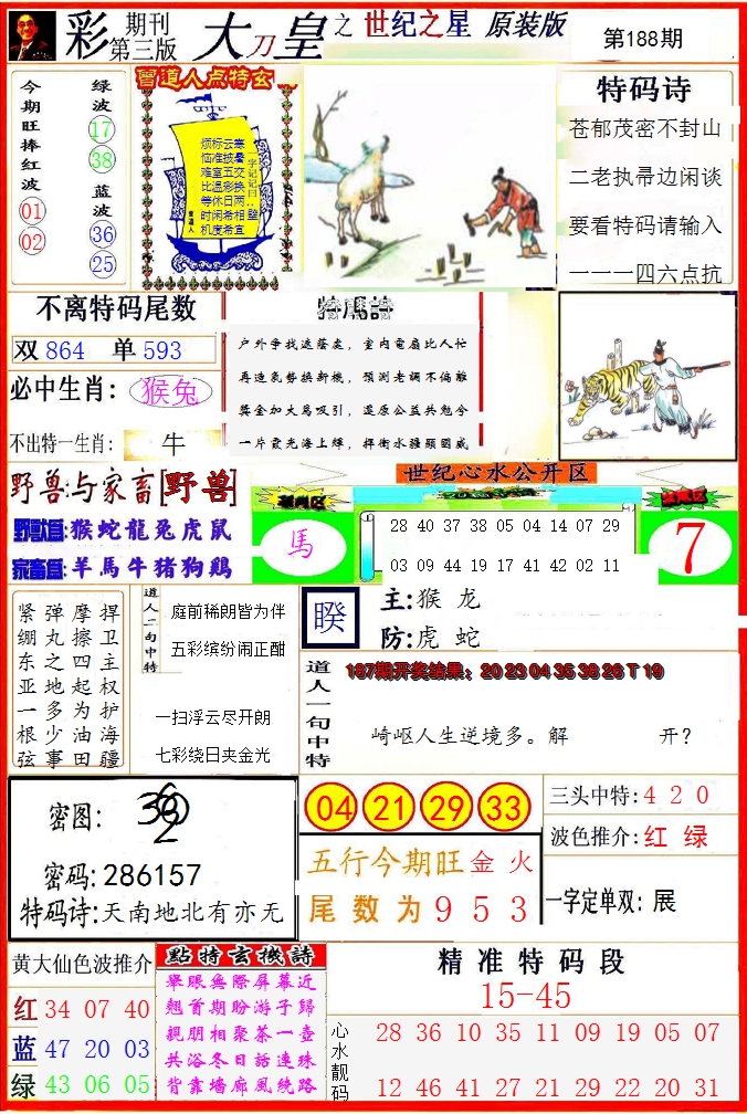 新澳彩188期:大刀皇之(世纪之星)