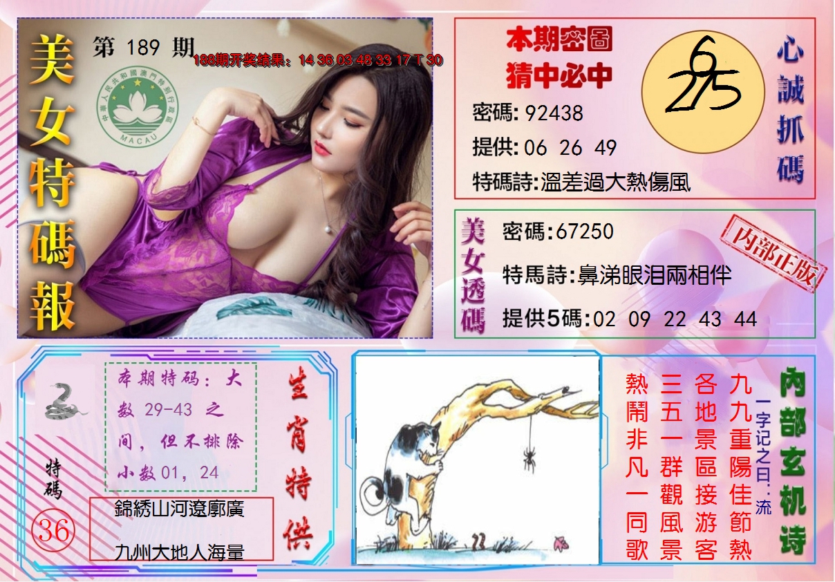 新澳彩189期:美女特码报