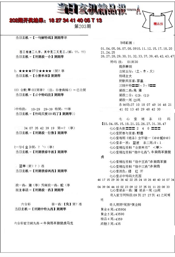 新澳彩203期:当日玄机精品报A