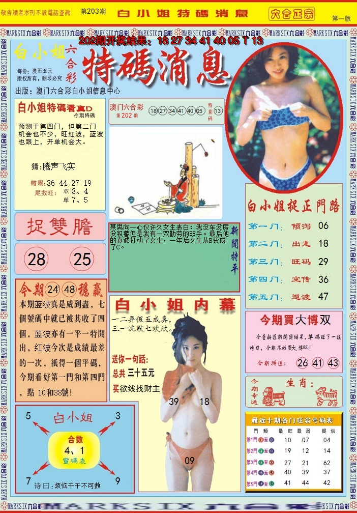 新澳彩203期:白小姐特码消息A