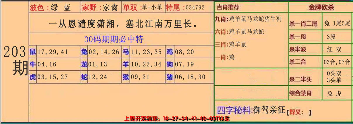 新澳彩203期:30码中特