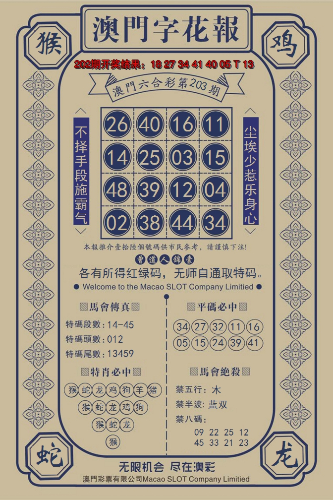 新澳彩203期:澳门字花报