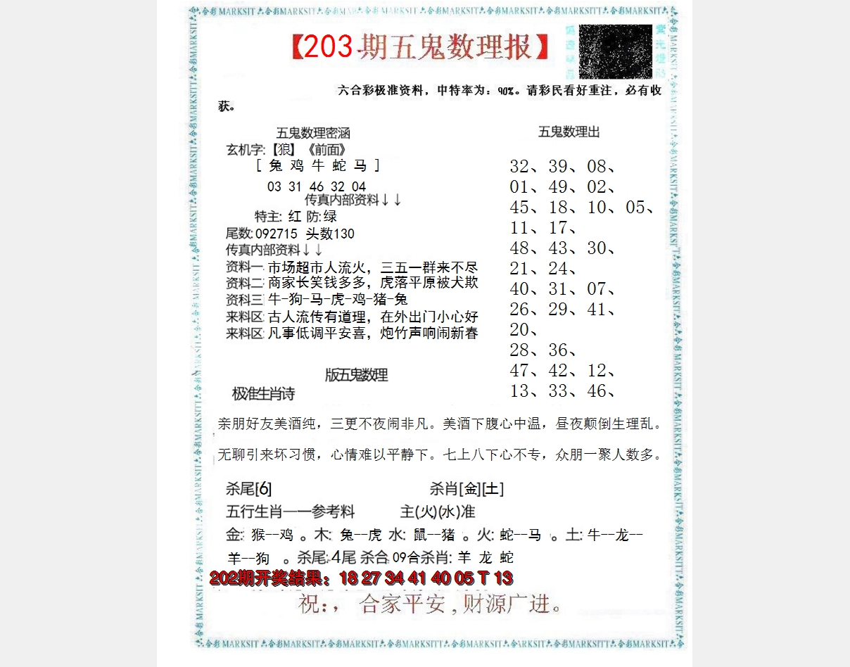 新澳彩203期:五鬼数理报