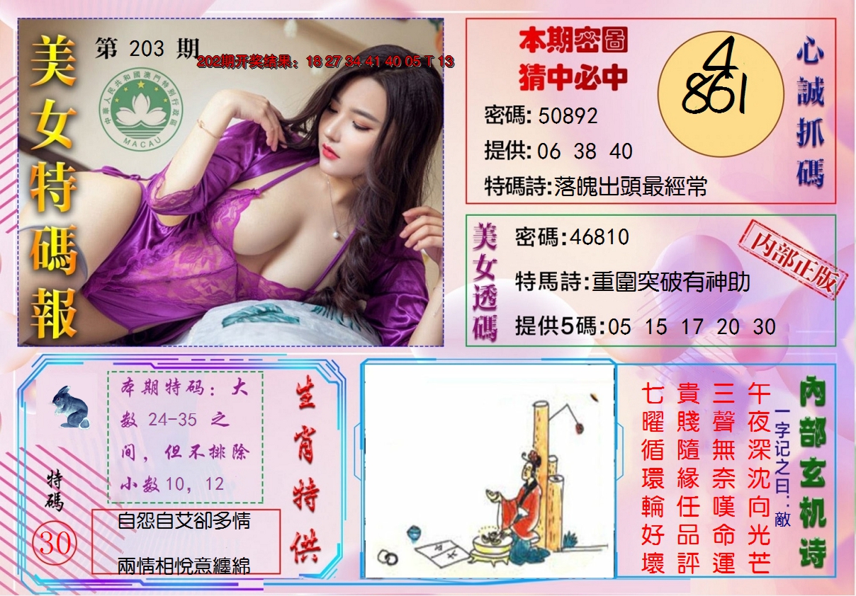 新澳彩203期:美女特码报