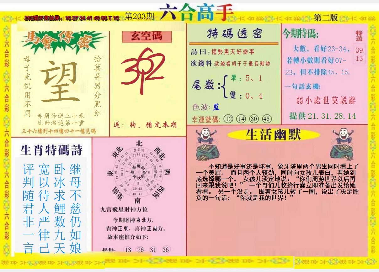 新澳彩203期:六合高手B