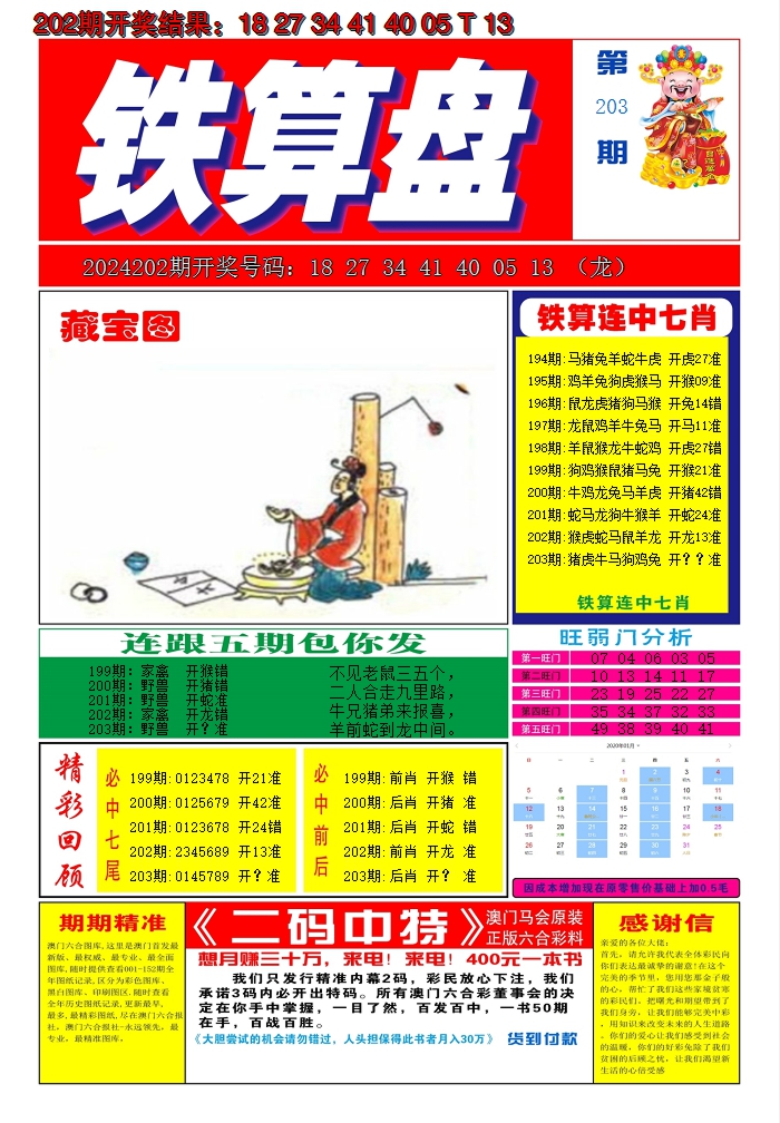 新澳彩203期:澳门铁算盘A