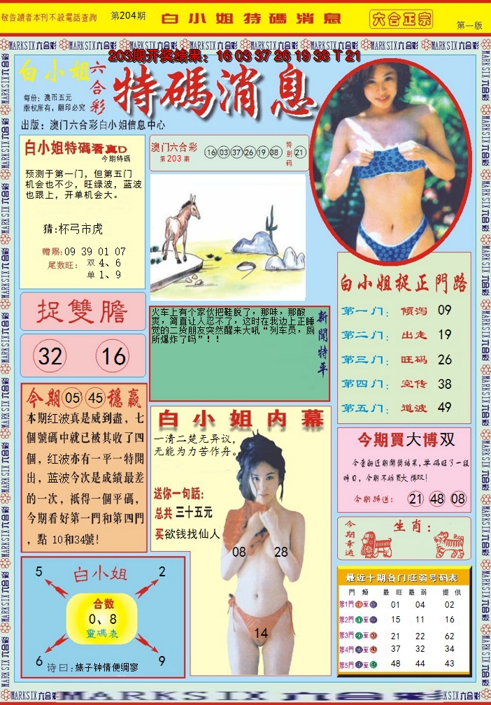 新澳彩204期:白小姐特码消息A