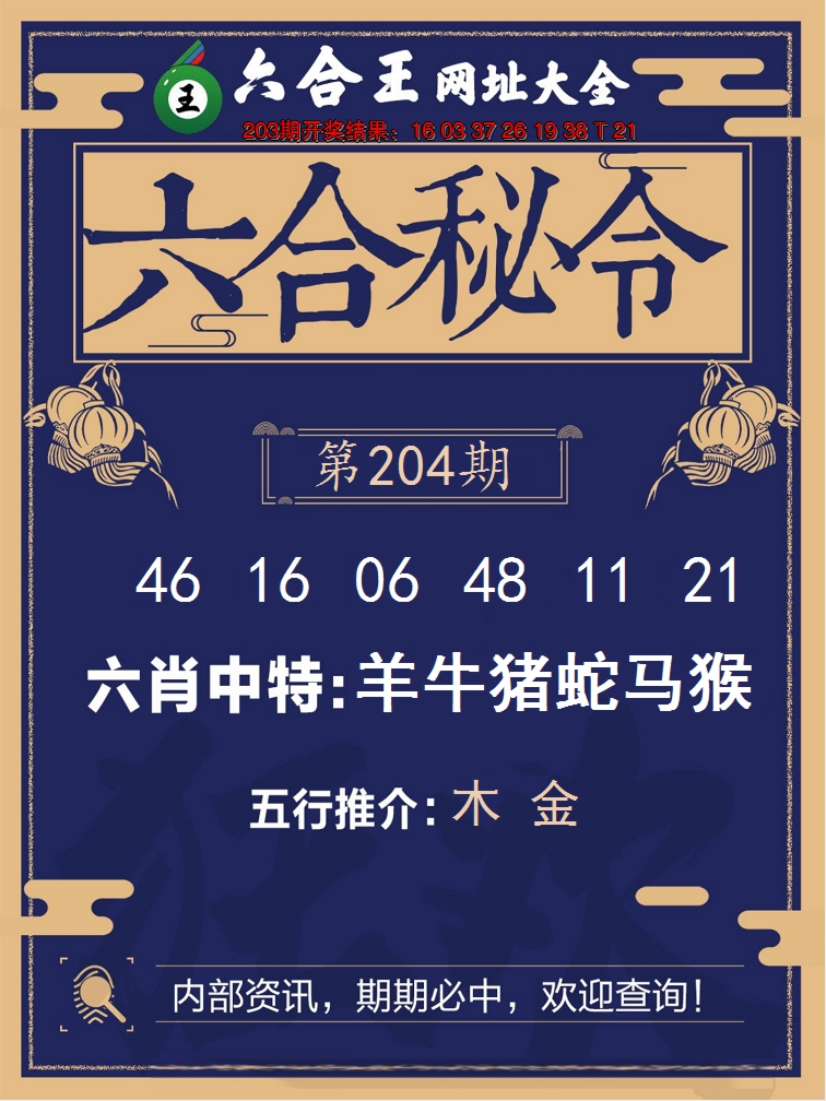 新澳彩204期:六合王六合密令