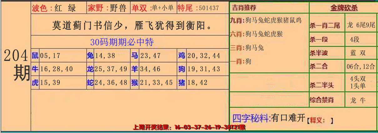 新澳彩204期:30码中特