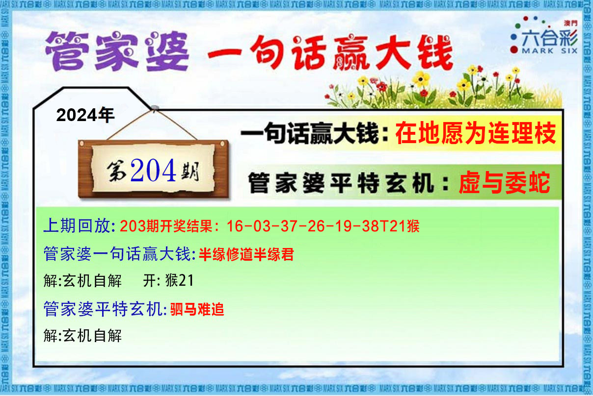 新澳彩204期:管家婆一句赢大钱