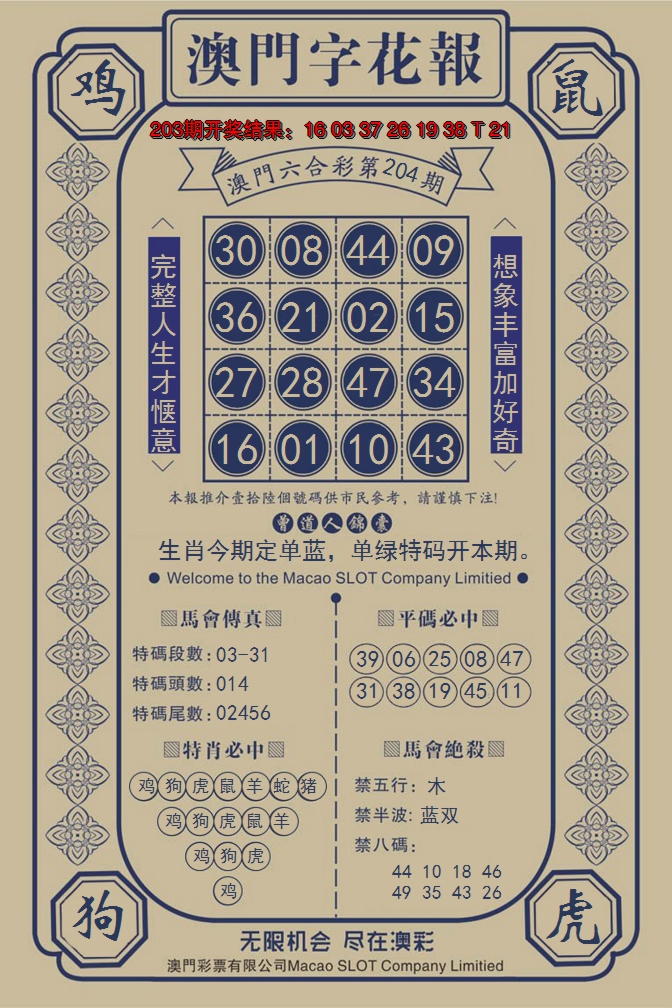 新澳彩204期:澳门字花报