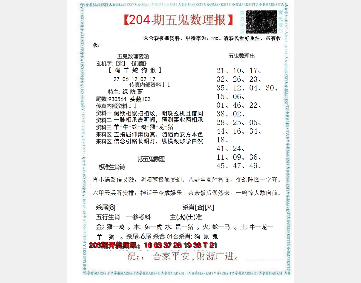 新澳彩204期:五鬼数理报