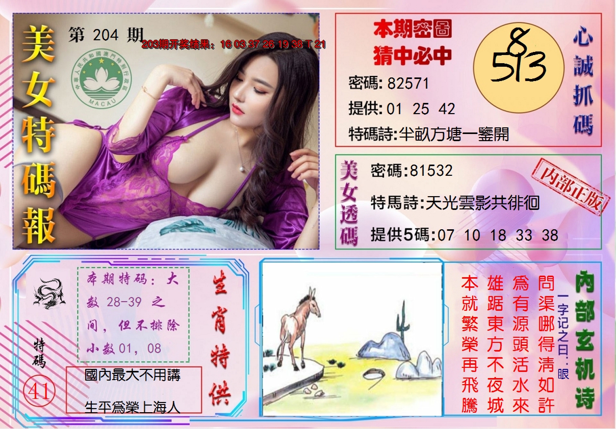 新澳彩204期:美女特码报