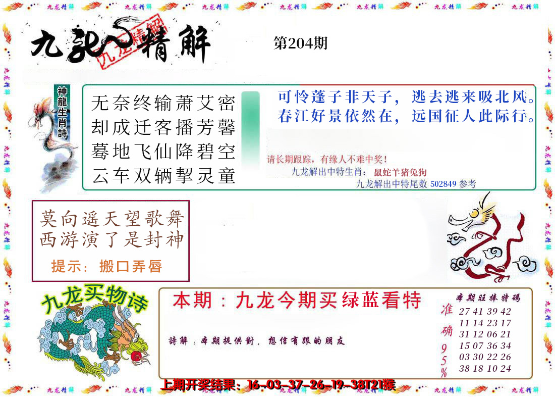 新澳彩204期:九龙精解